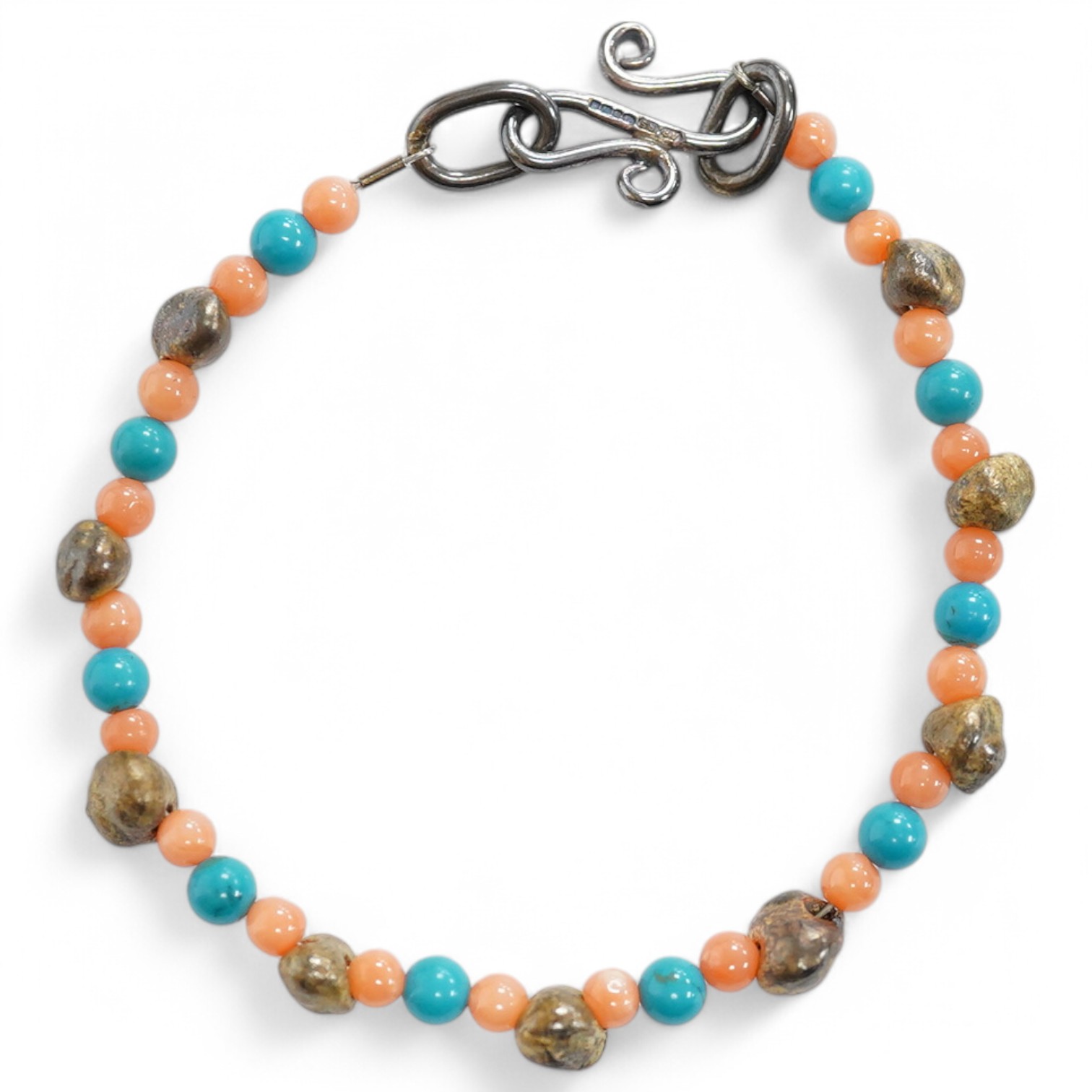 A modern Pruden and Smith coral and turquoise bead bracelet, with gilt beads and silver clasp, 16.5cm, with box. Condition - fair to good